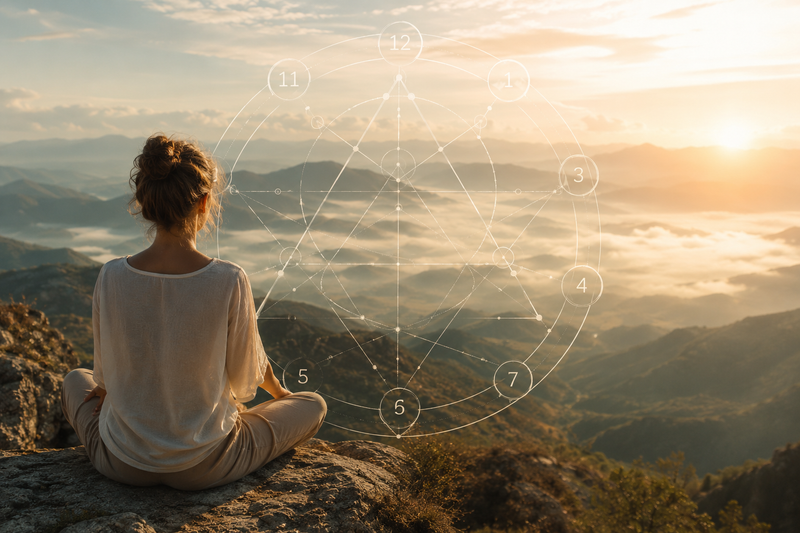 A woman sitting on a mountaintop contemplating a golden skyline with an overlay of a geometric 12 pointed pattern