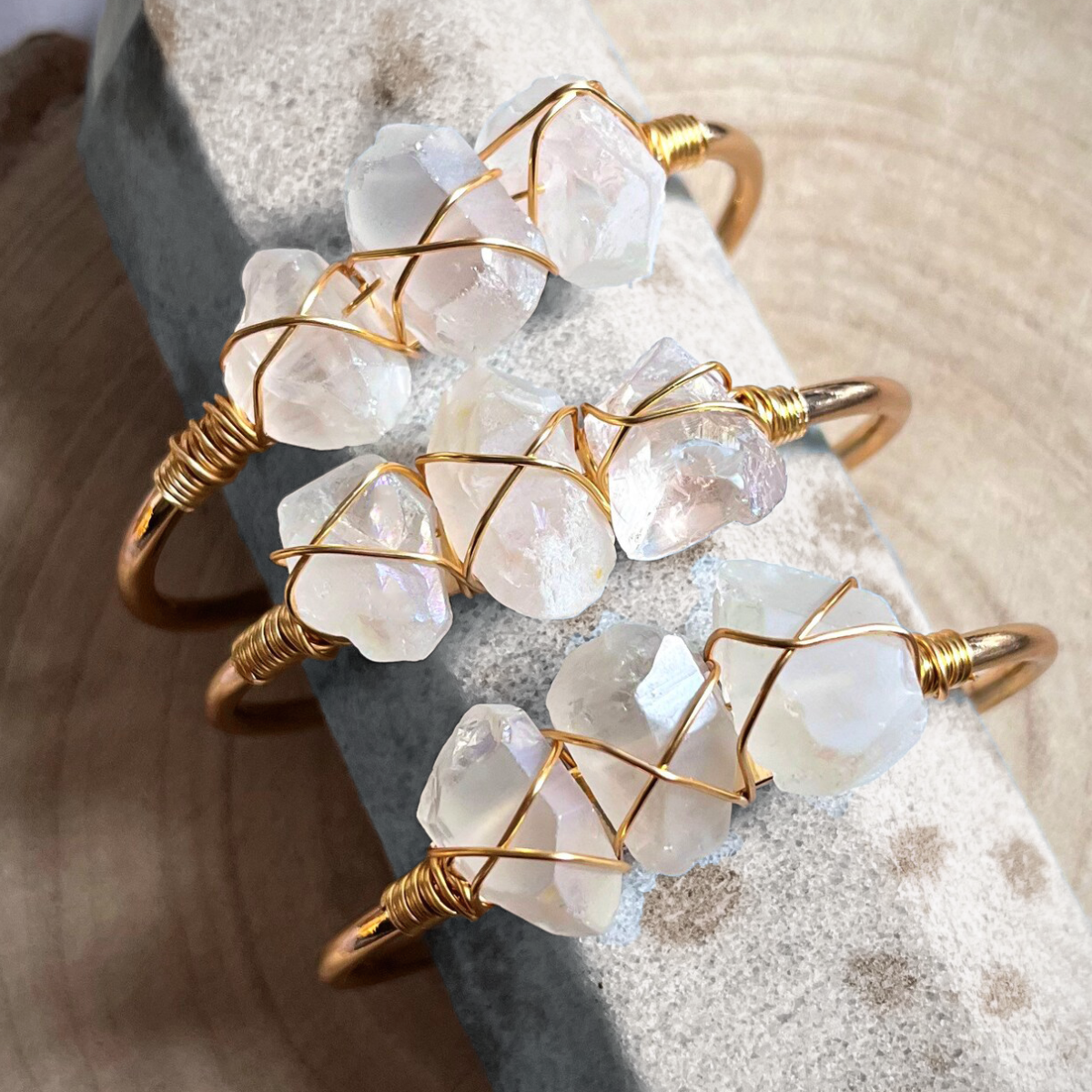 Gemstone Wire-Wrapped Bracelet - Clear Quartz Yellow Gold