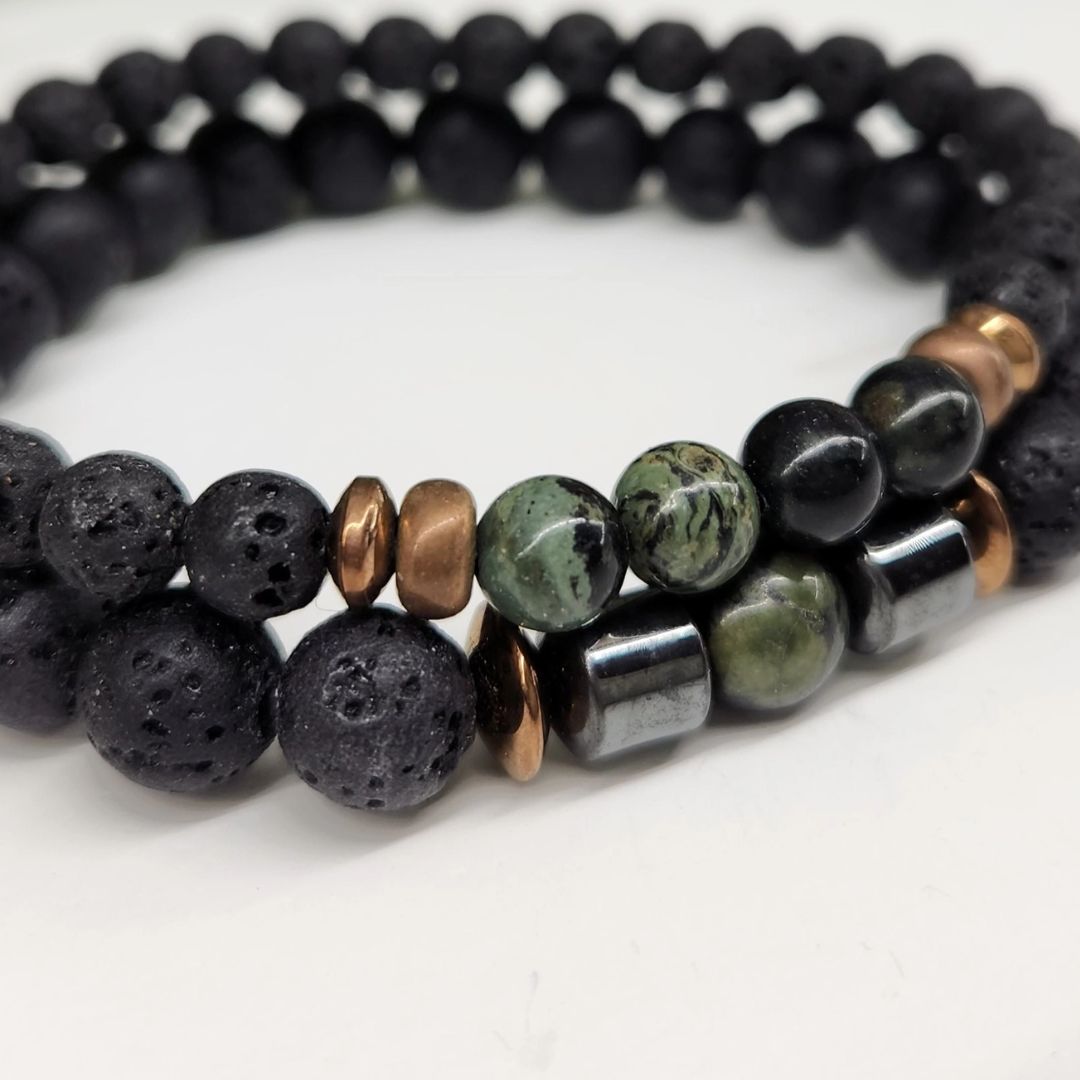 Crystal Black Lava Two Beaded Bracelet Set, Kambaba