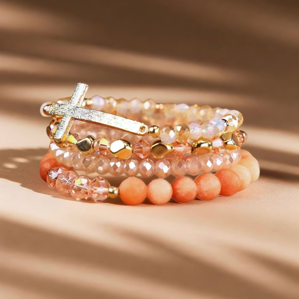 Healing Cross 4 Stack Bracelets - Rose Quartz