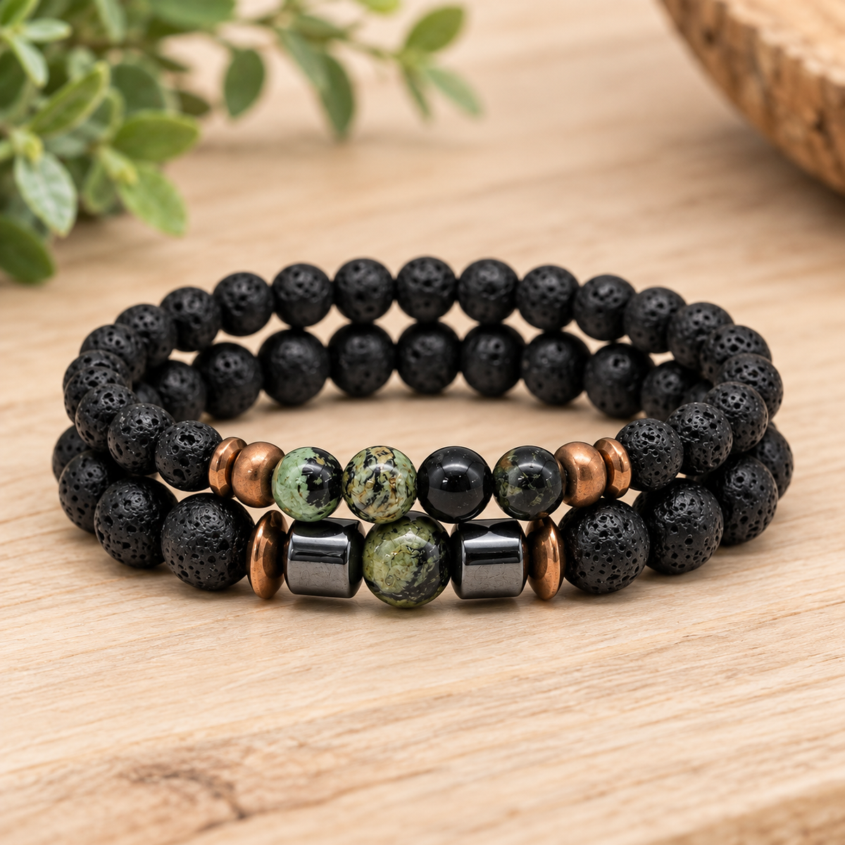 Crystal Black Lava Two Beaded Bracelet Sets