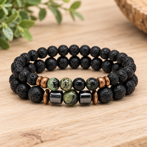 Crystal Black Lava Two Beaded Bracelet Sets