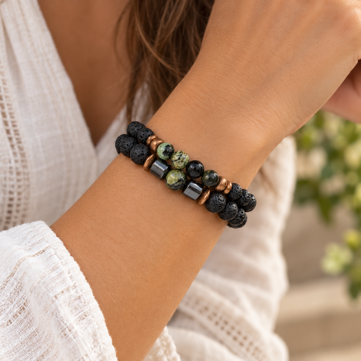 Crystal Black Lava Two Beaded Bracelet Sets