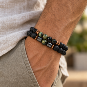 Crystal Black Lava Two Beaded Bracelet Sets