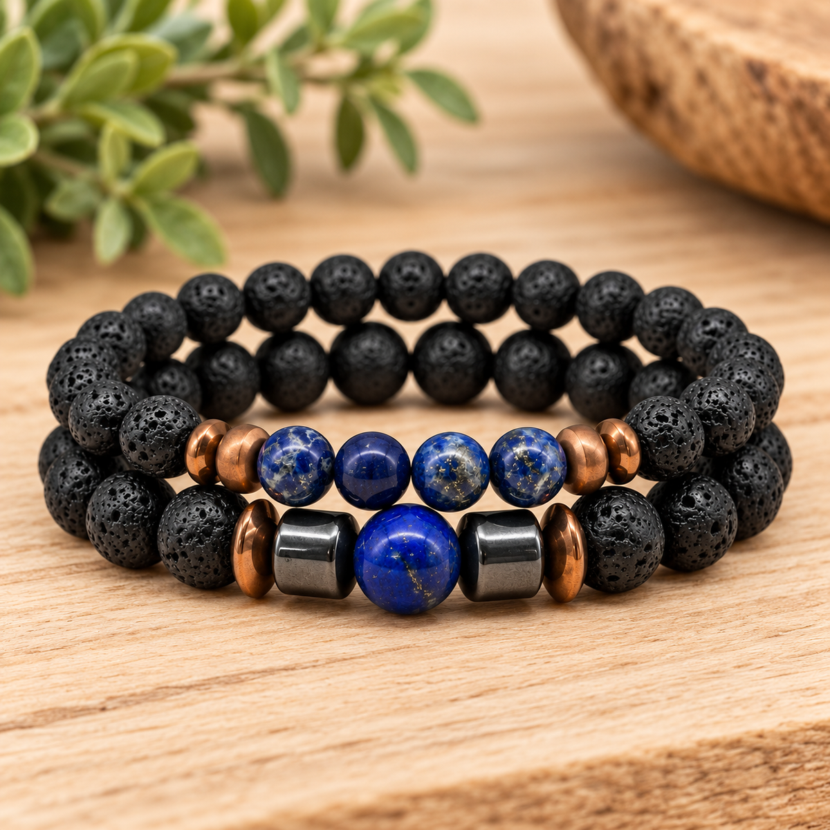 Crystal Black Lava Two Beaded Bracelet Sets