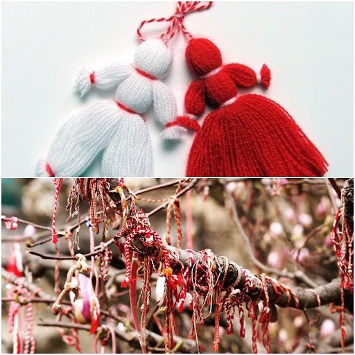 Top: Pizho and Penda dolls; Bottom: Martenitsa tied to a tree in blossom