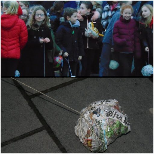 Top: Scottish children waiting for the bell to ring at St. Nicholas Kirk; Bottom: Paper ball created for Whuppity Scoorie